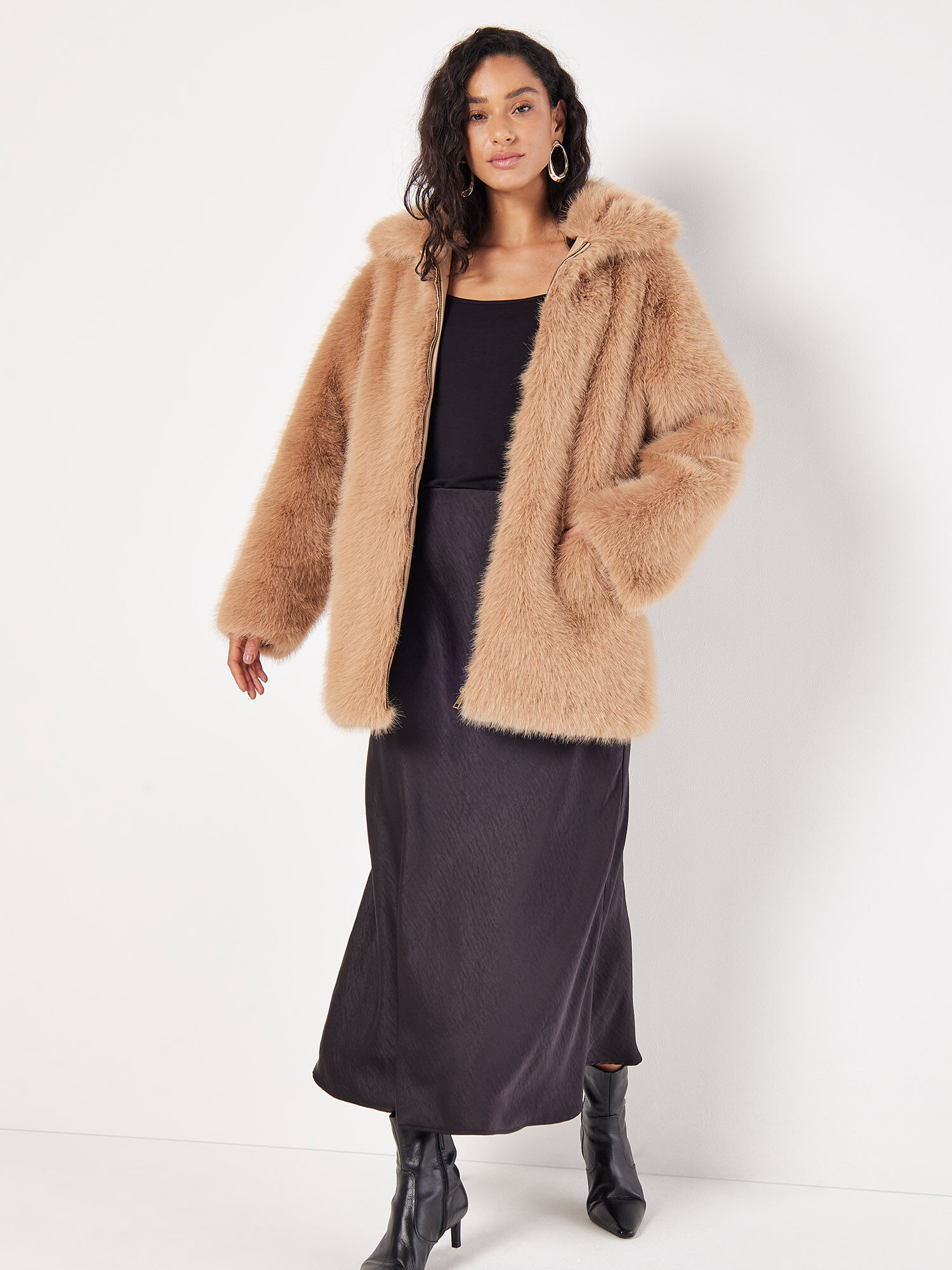 Soft Faux Fur Zipped Jacket Apricot Clothing