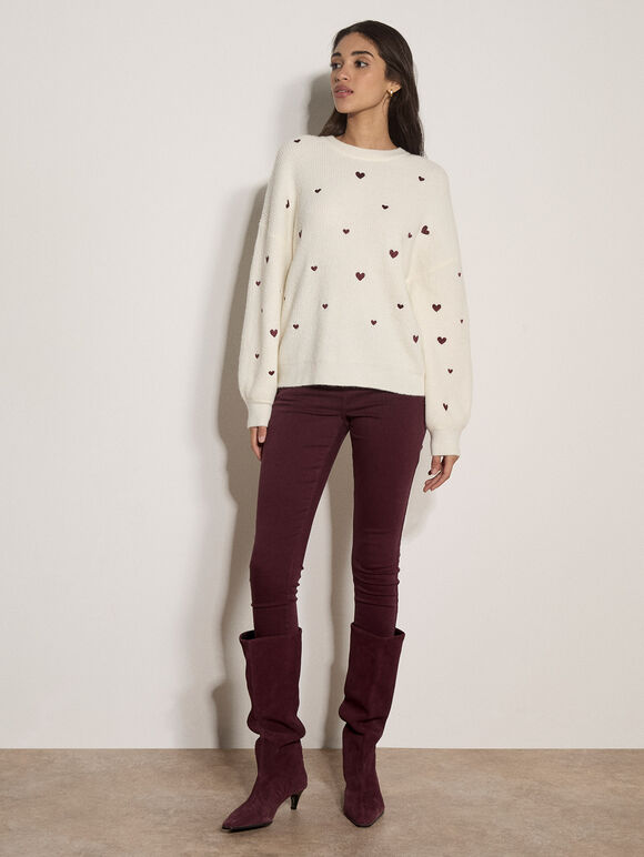 Embroidered Heart Jumper, Cream, large