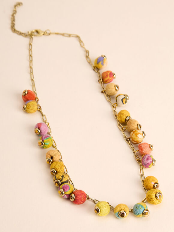 Gold Tone Fabic Bead Necklace, Assorted, large