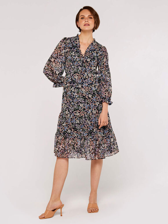 Ditsy Ruffle Chiffon Dress, Navy, large