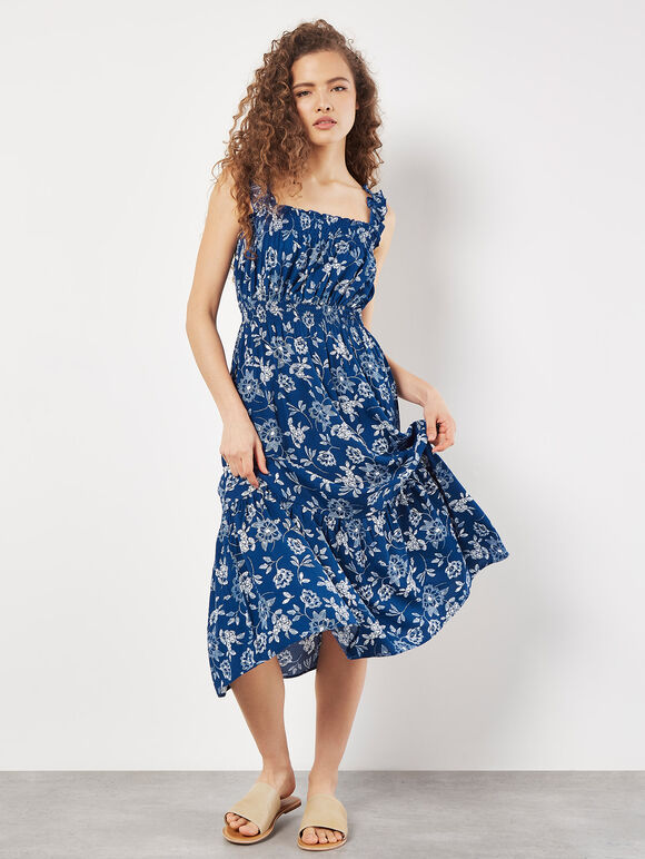 Floral Silhouette Smocked Midi Dress, Blue, large