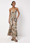 Satin Scarf Print Maxi Dress, Khaki, large