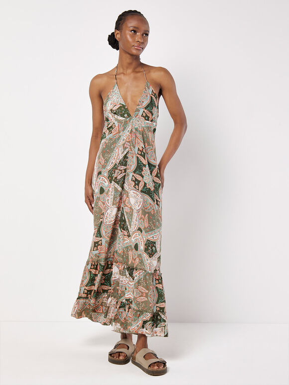 Satin Scarf Print Maxi Dress, Khaki, large