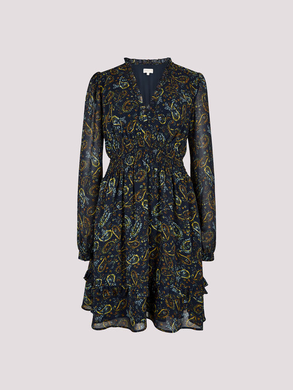 Paisley Ruffle Mini Dress , Navy, large
