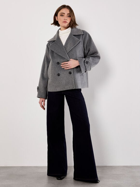 Tailored Short Peacoat Jacket, Dark Grey - Charcoal, large