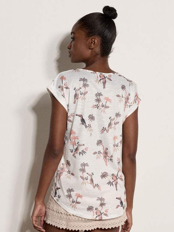 Parrot And Palm Print Slub T-Shirt, Coral, large