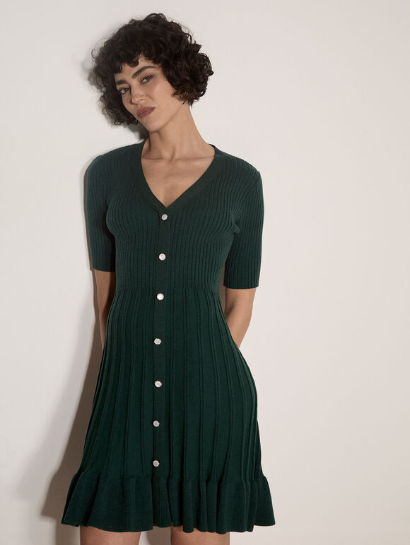 Ribbed Knit Fit And Flare Mini Dress, Green, large