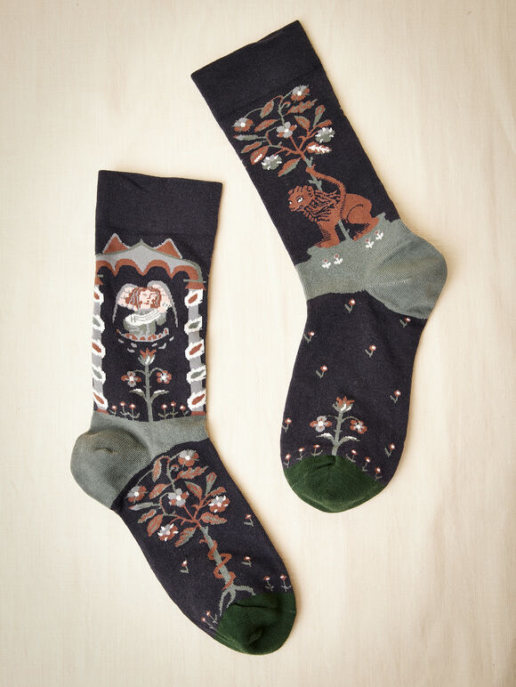 Lion Print Cotton Socks, Black, large