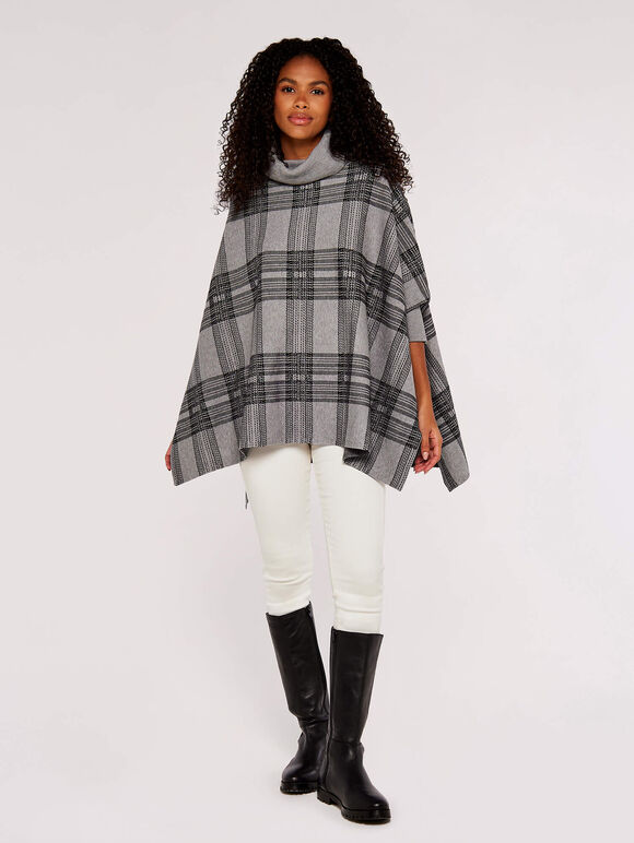 Check Roll Neck Knitted Poncho, Grey, large