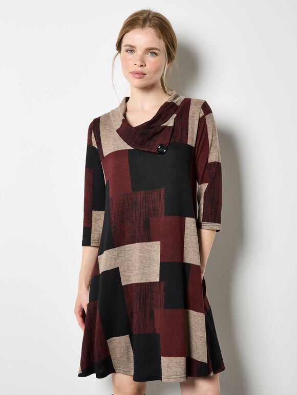 Colour Block Swing Mini Dress, Burgundy, large