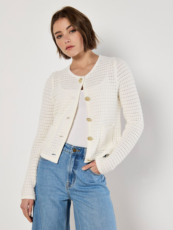 Waffle Knit Cardigan, Cream, large