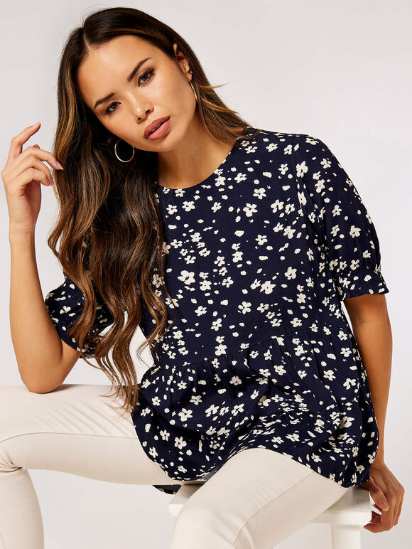 Ditsy Tiered Top, Navy, large