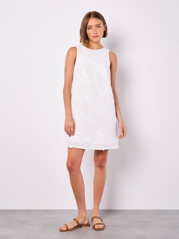 Floral Embroidered Shift Mini Dress, White, large