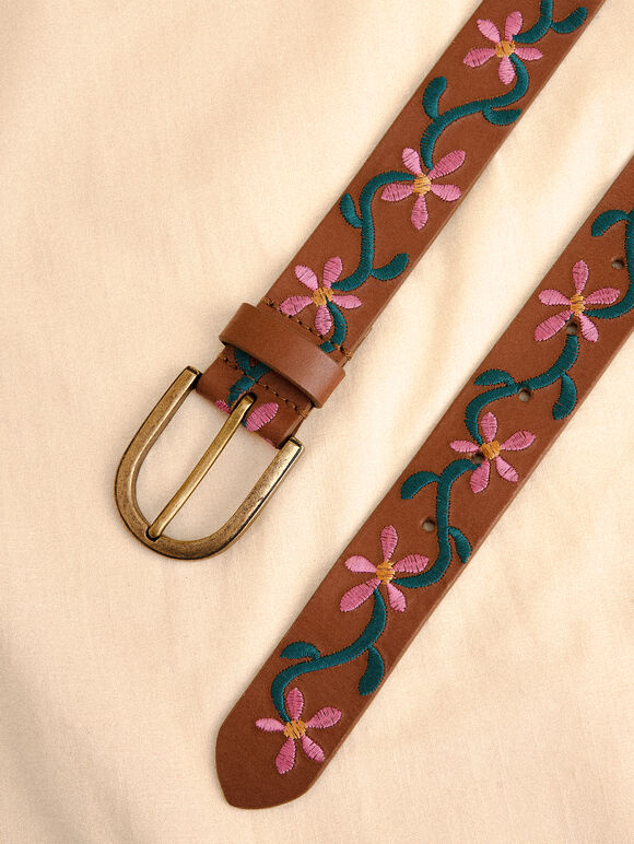 Floral Embroidered Leather Belt, Brown, large
