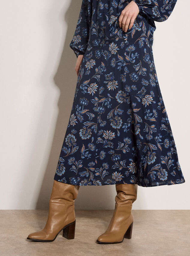 Folk Floral A-Line Midi Skirt, Navy, large
