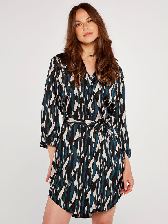 Camo Satin Shirt Dress, Green, large
