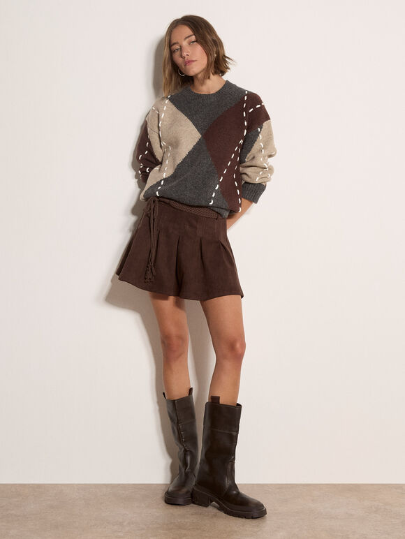 Suedette Pleated Mini Skirt, Brown, large