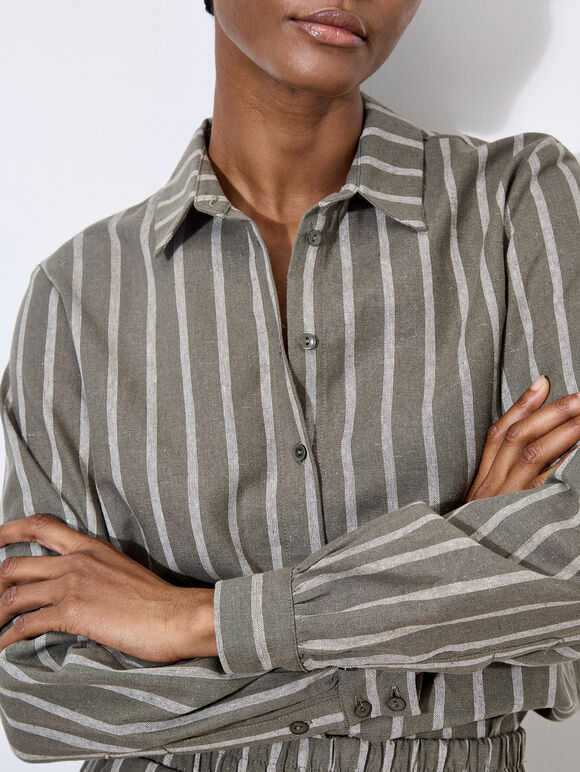 Striped Linen Shirt, Khaki, large