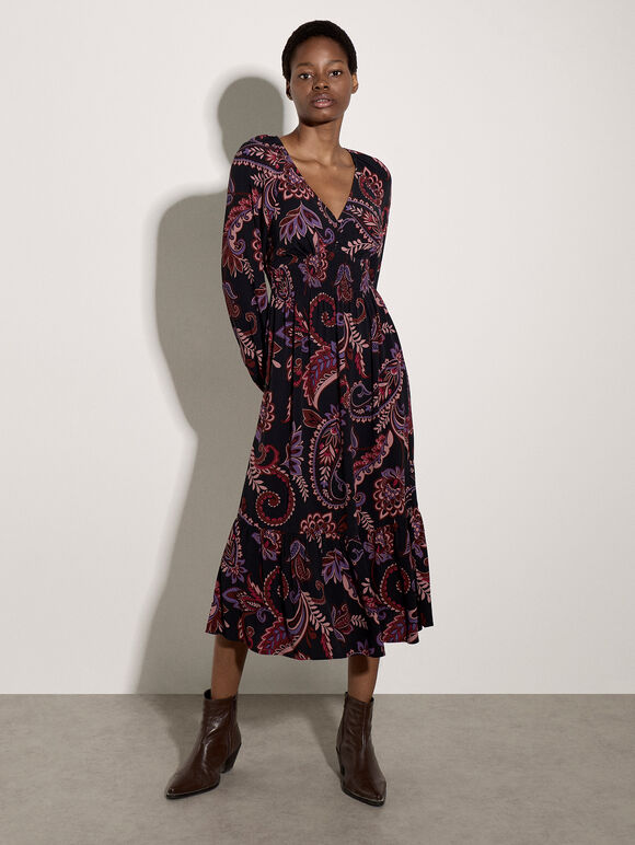 Crepe Folk Floral Midi Dress, Purple, large