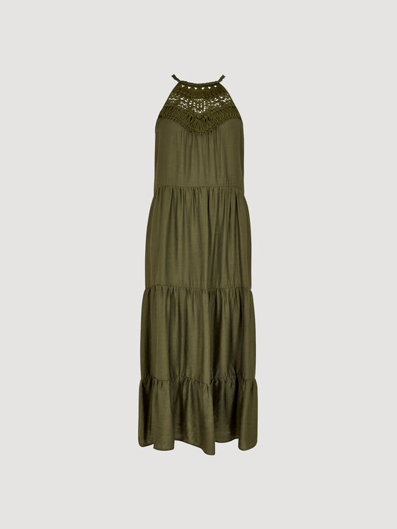 Lace Halter Neck Tiered Midi Dress, Khaki, large