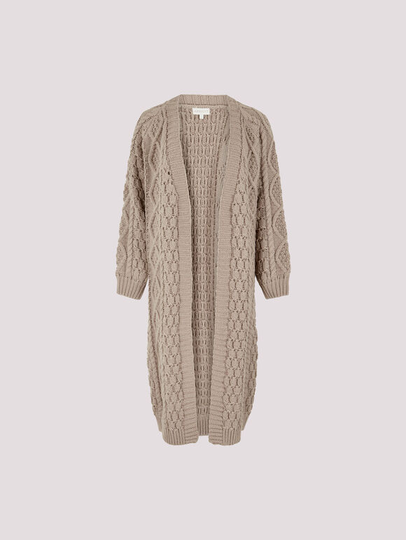 Chunky Cable Knit Longline Cardigan, Stone, large