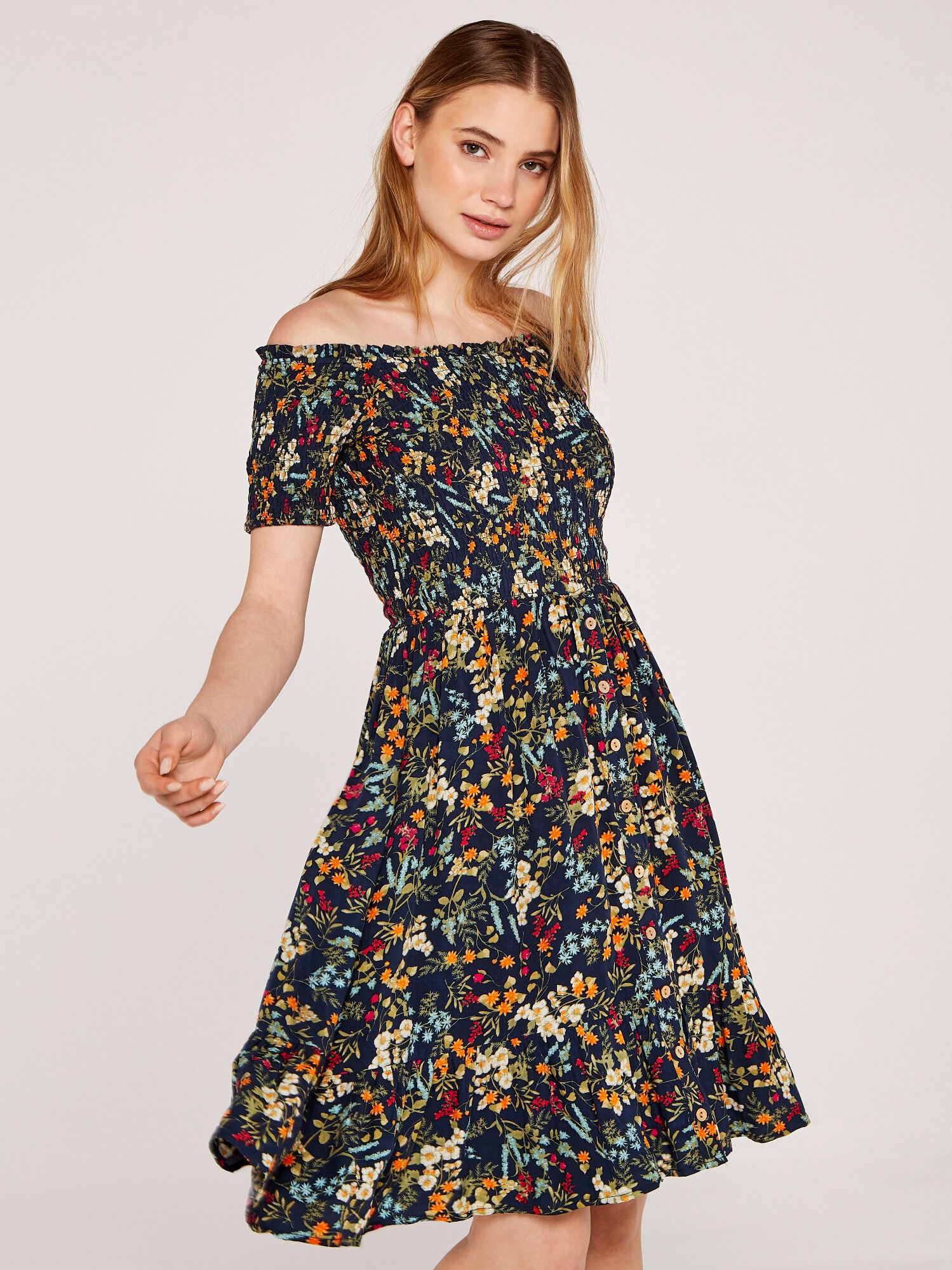 Off Shoulder Botanical Floral Dress Apricot Clothing