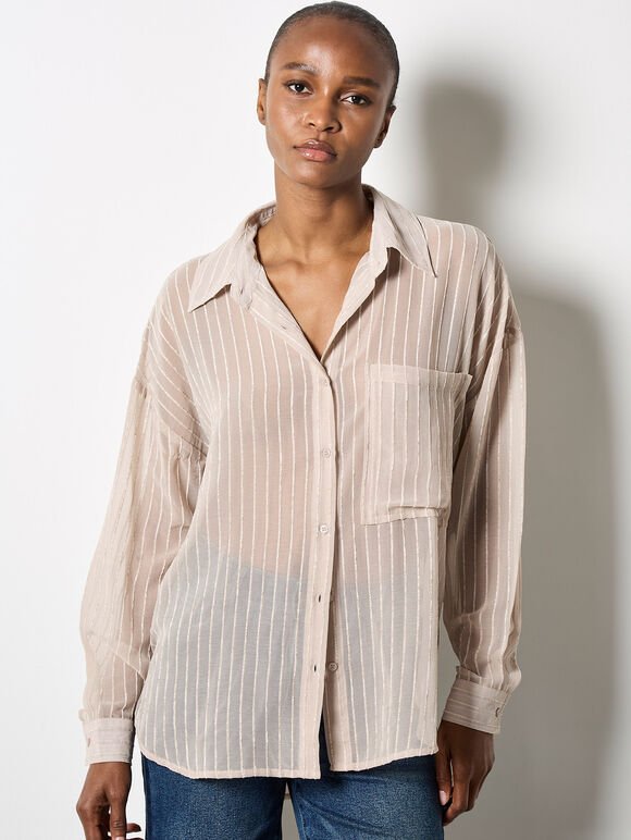 Chenille Stripe Semi-Sheer Shirt, Stone, large