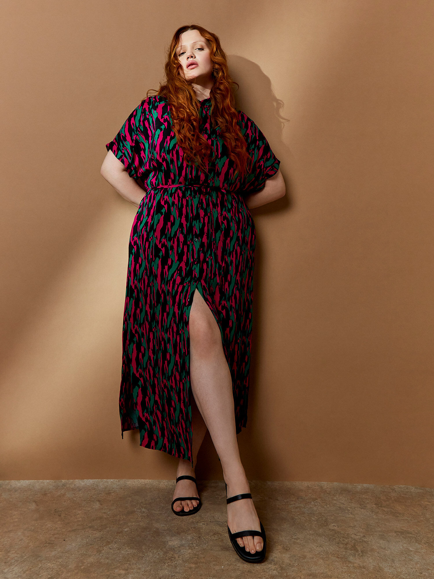 Curve Brushstroke Camo Shirt Midi Dress Apricot Clothing