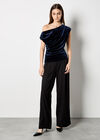 Draped One-Shoulder Asymmetric Velvet Top, Navy, large