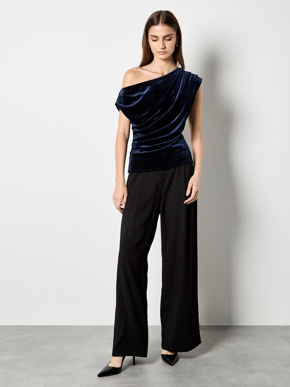 Draped One-Shoulder Asymmetric Velvet Top, Navy, large