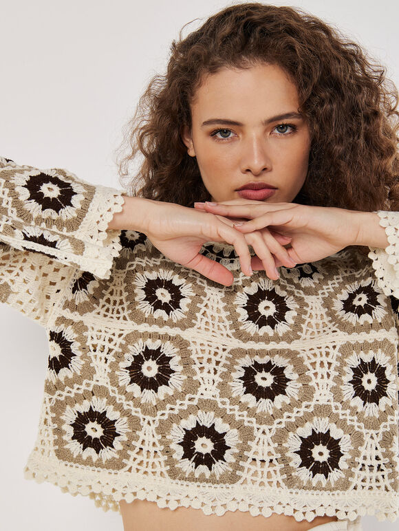 Crochet Pentagon Crop Top, Brown, large