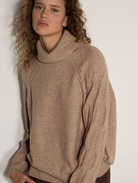 Melange Roll Neck Jumper, Mocha, large