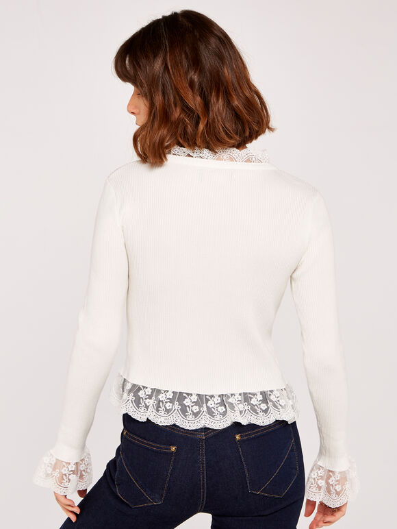 Lace Trim Ribbed Jumper, Cream, large