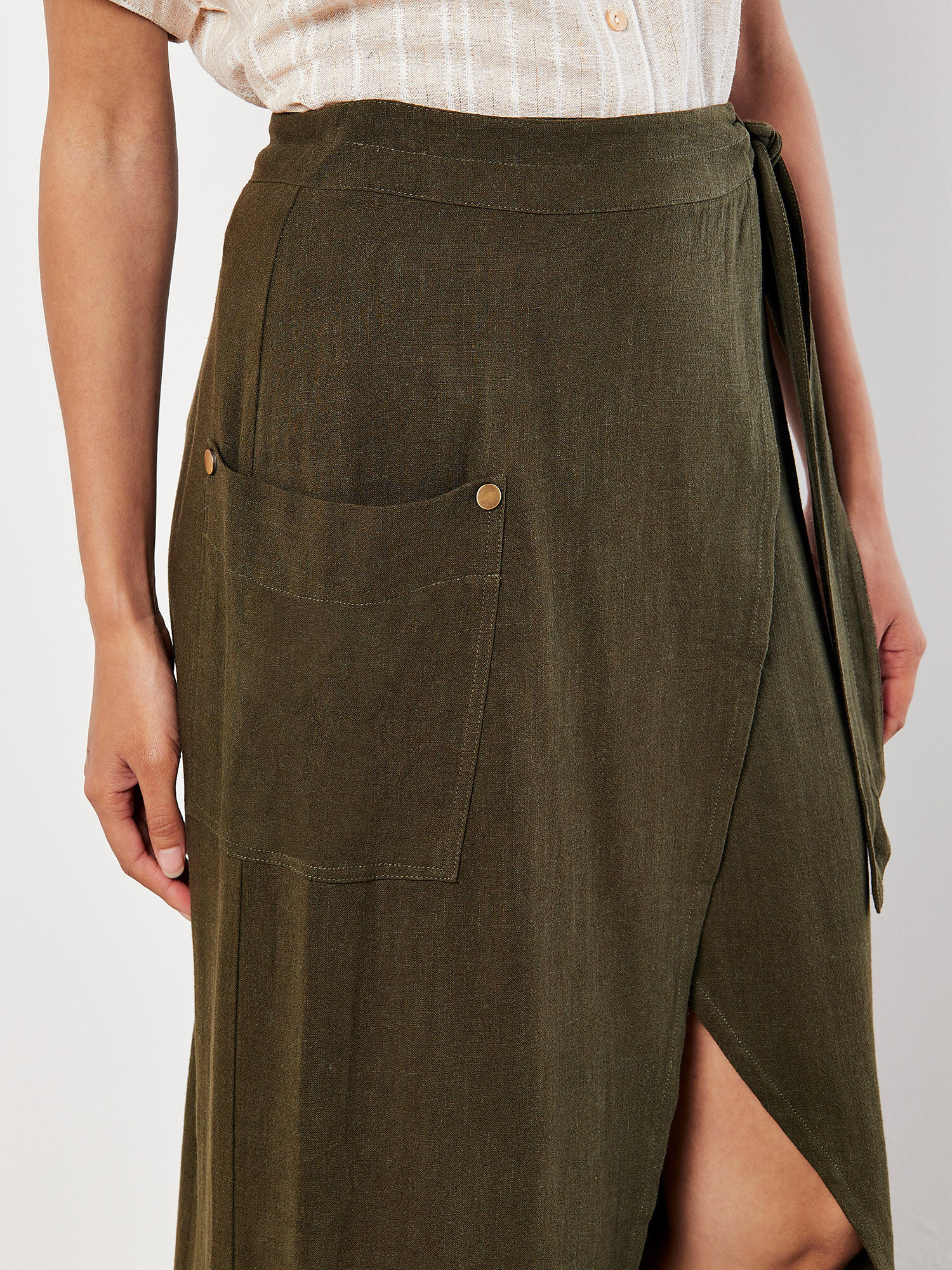Linen Blend Wrap Midi Skirt