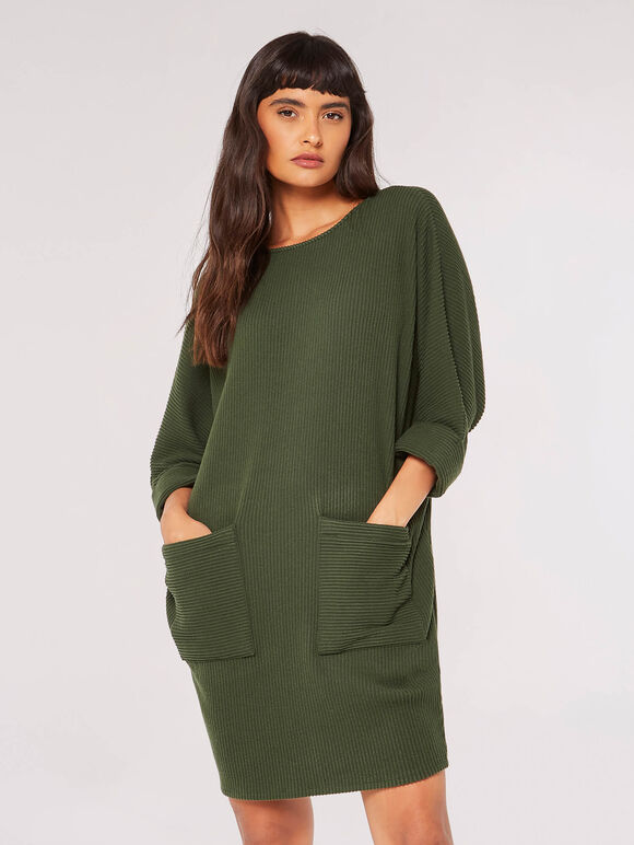 Ribbed Knit Cocoon Mini Dress, Green, large