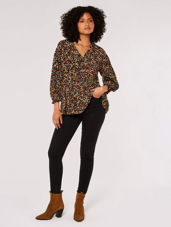 Oversized Ditsy Floral Top, Black, large