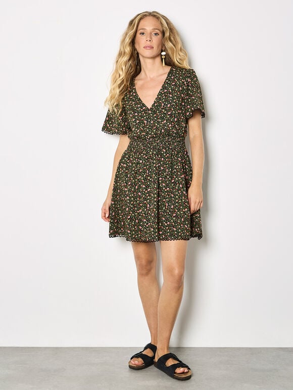 Ditsy Floral Gold Foil Mini Dress, Black, large