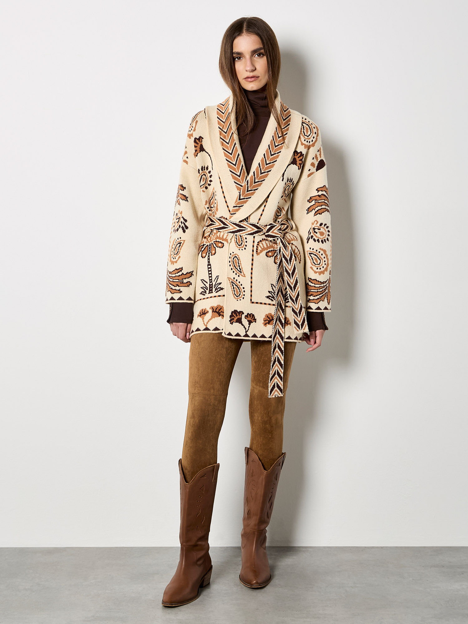 Chevron Palm Belted Cardigan | Apricot Clothing