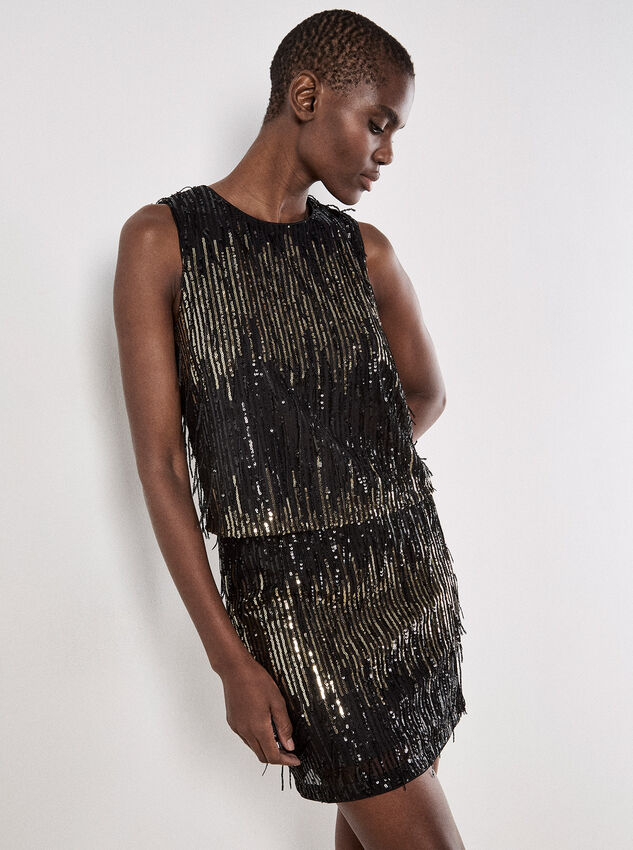 Sequin Fringe Top, Black, large
