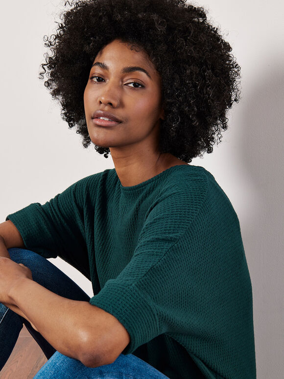 Soft-Touch Batwing Waffle Knit Top, Green, large