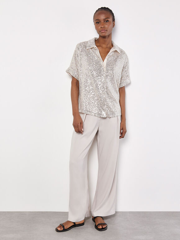 Sequin Embellished Relaxed Shirt, Stone, large