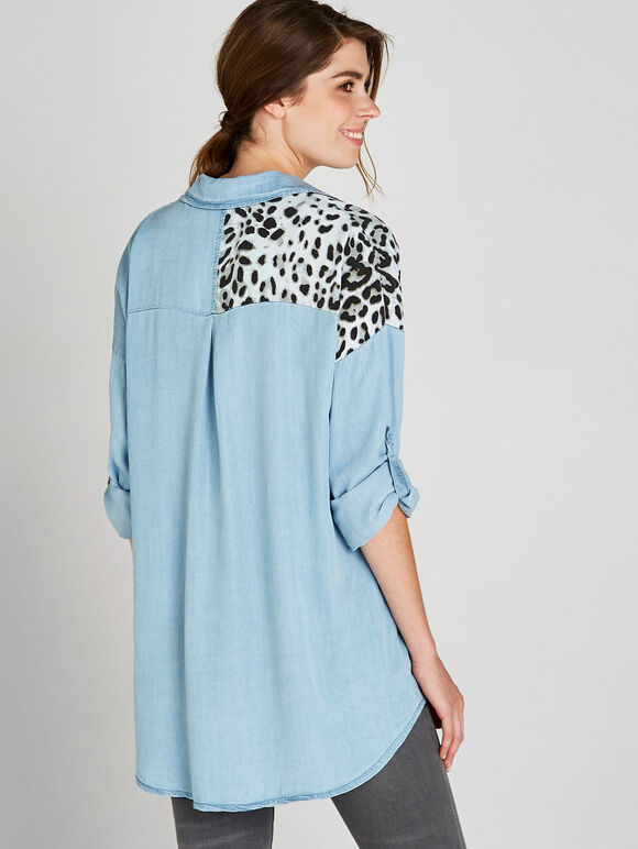 Blue Leopard Print Patchwork Shirt, Blue, large