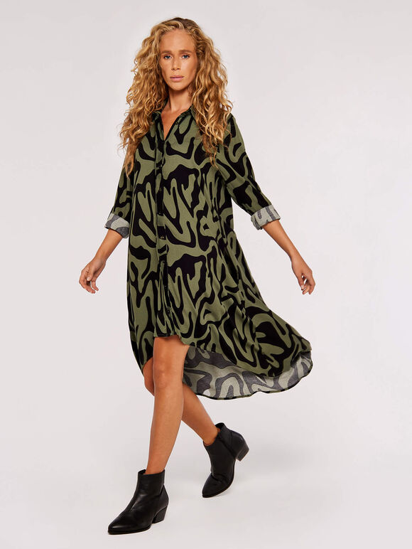 Swirl Print High-Low Mini Dress, Khaki, large