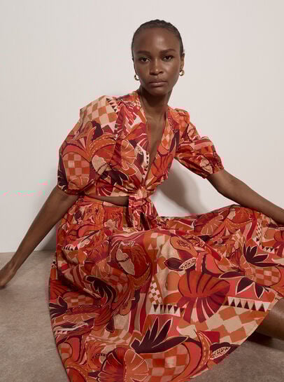 Tropical Leaf Patchwork Midi Skirt