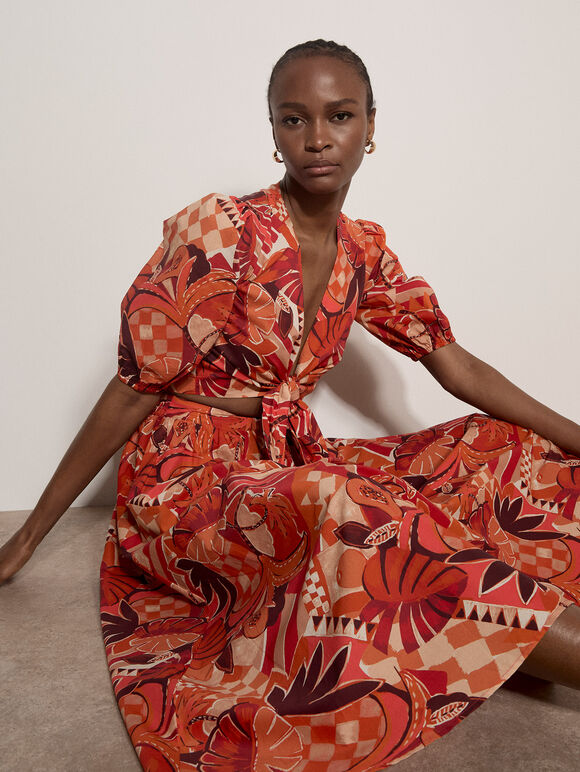 Tropical Leaf Patchwork Midi Skirt, Red, large