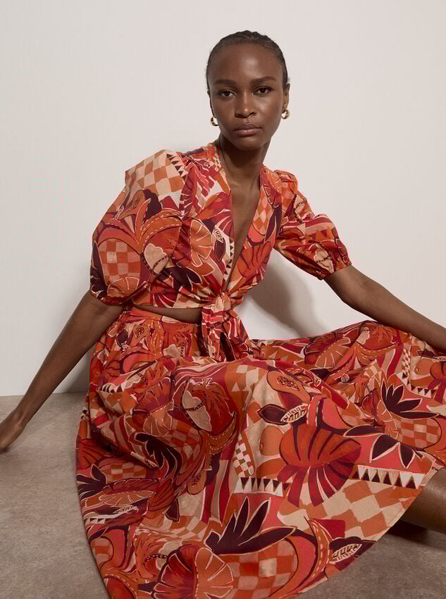 Tropical Leaf Patchwork Midi Skirt, Red, large