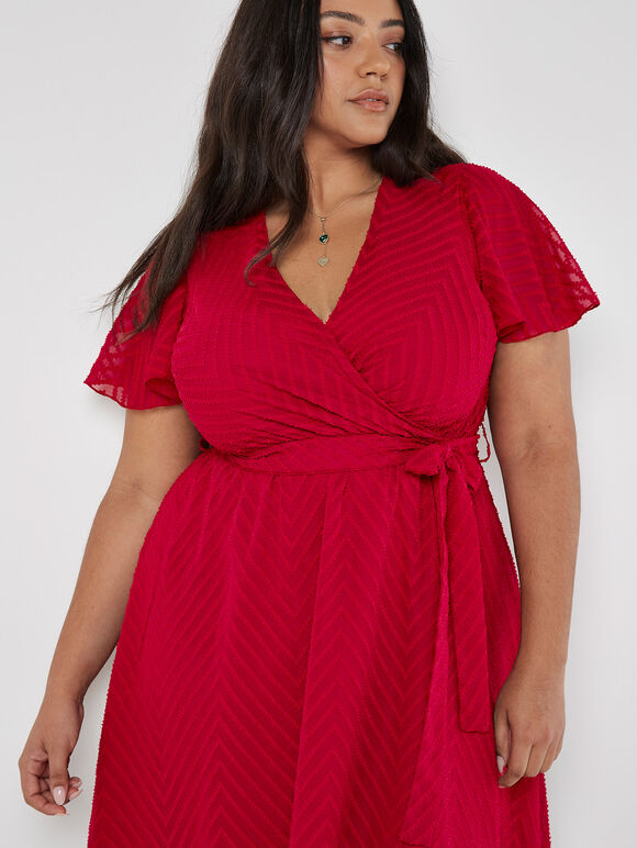 Curve Jacquard Chevron Wrap Midi Dress, Fuchsia, large