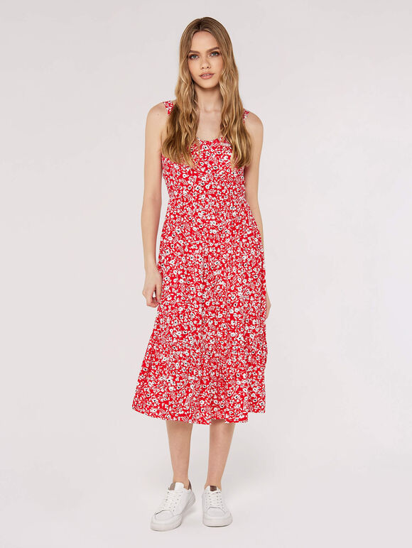 Mono Floral Midi Dress, Red, large