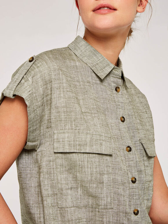 Linen Utility Dress, Khaki, large