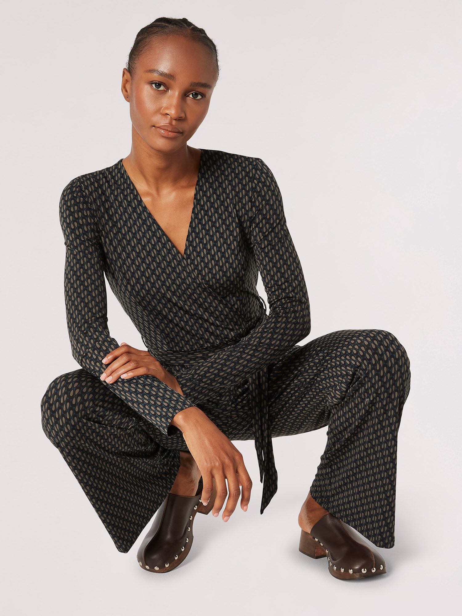 Teardrop Wrap Jersey Jumpsuit Apricot Clothing